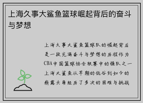上海久事大鲨鱼篮球崛起背后的奋斗与梦想
