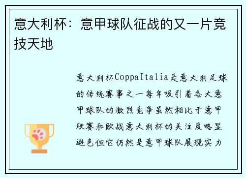 意大利杯：意甲球队征战的又一片竞技天地